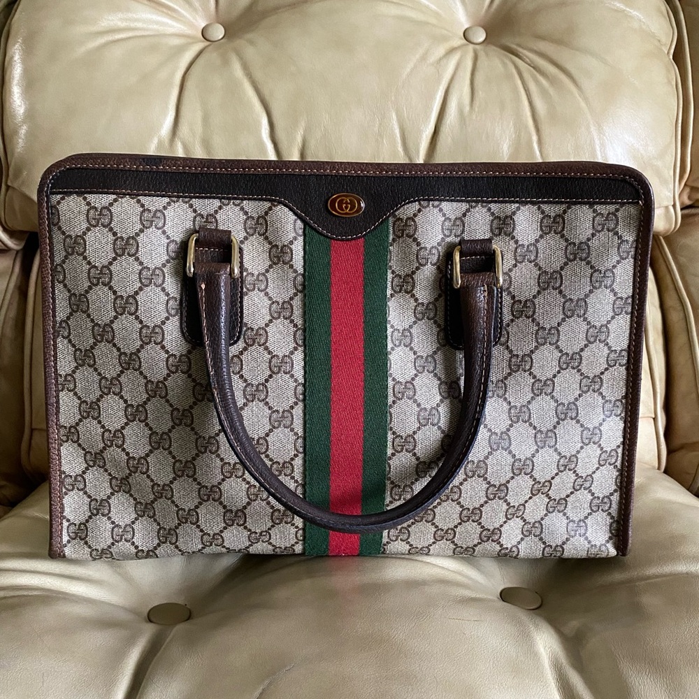 Authentic Gucci Vintage Large Tote Unisex Business Bag GG Web Stripe Attache - Picture 3 of 15